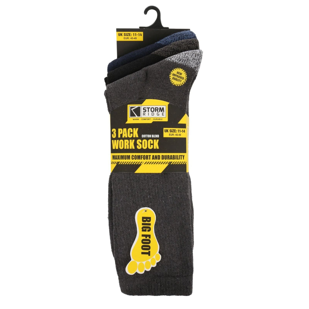 Pack of three work socks with Storm Ridge branding on a white background