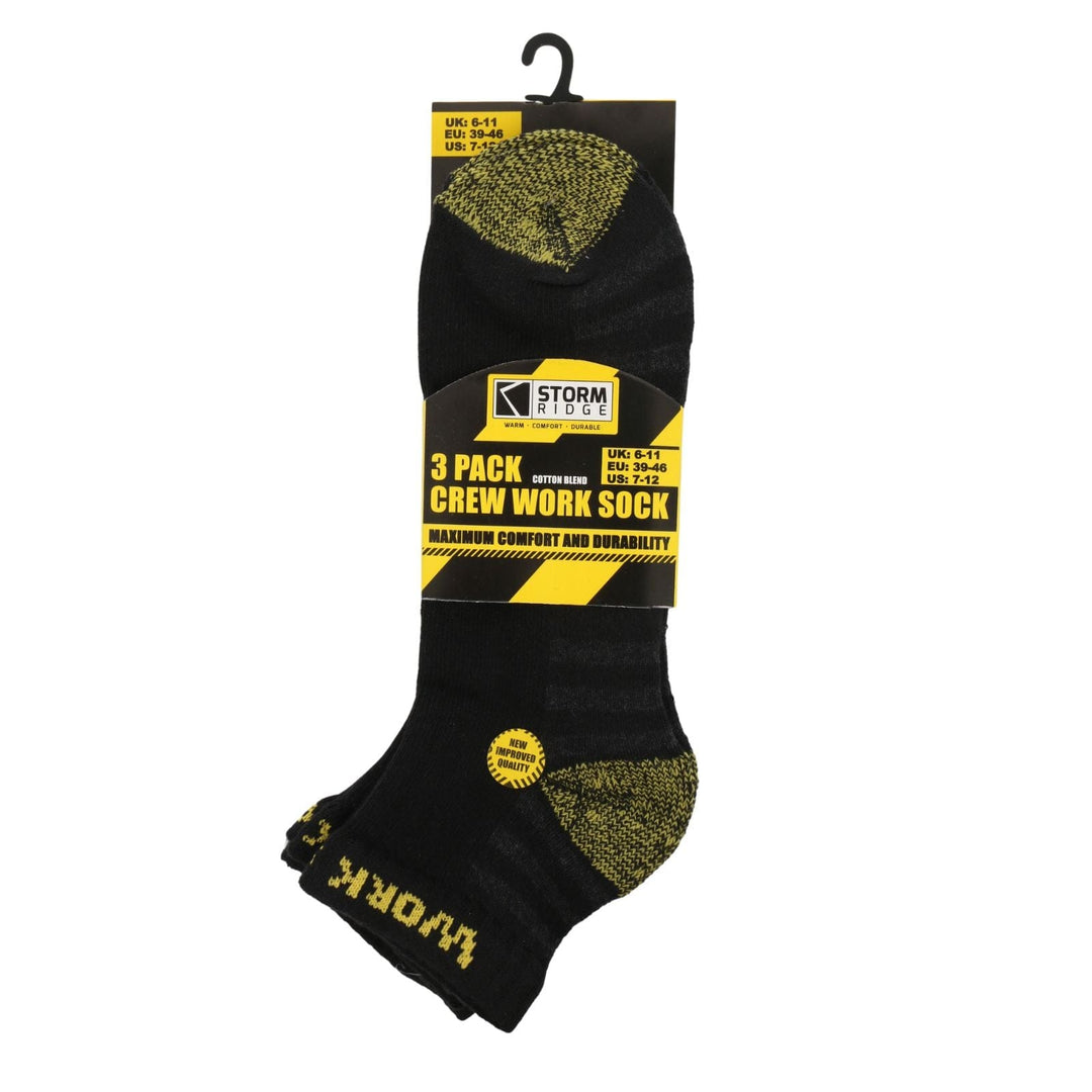 Pack of 3 black crew work socks with yellow text and Storm Ridge branding on a white background