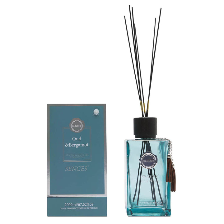 Oud &amp; Bergamot scented large reed diffuser with gift box packaging