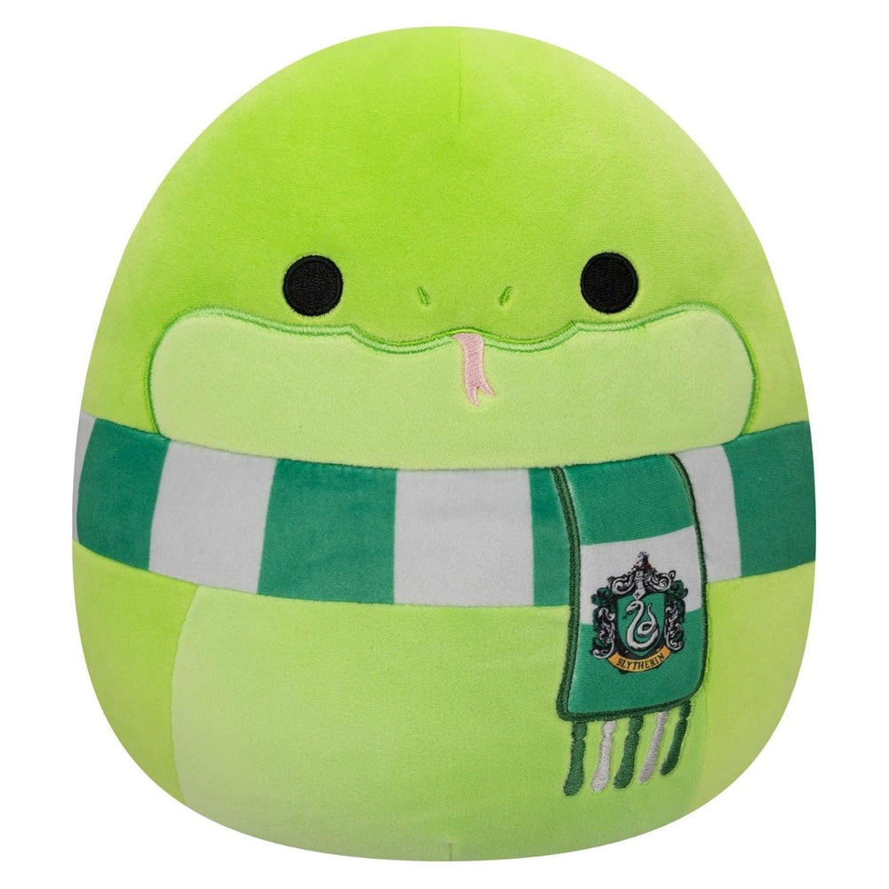 Green plush snake toy with a scarf featuring a syltherin crest on a white background
