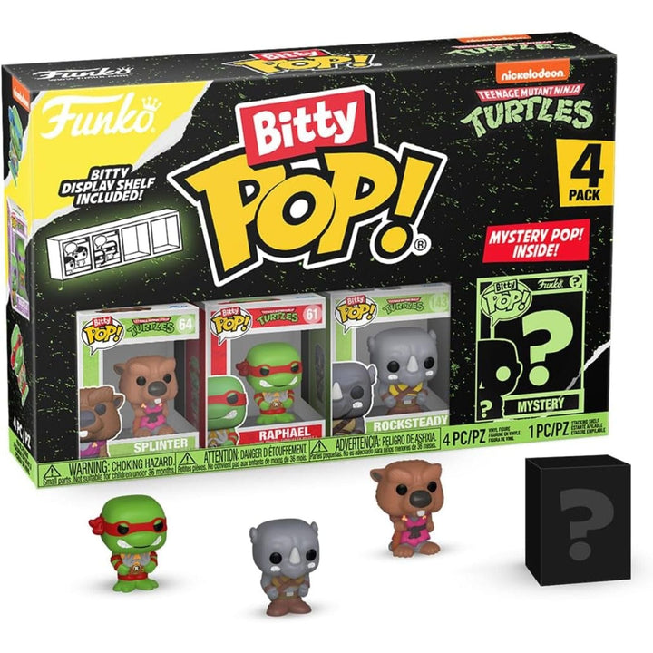 Funko Bitty Pop! Teenage Mutant Ninja Turtles 4-pack with display shelf and mystery figure included.