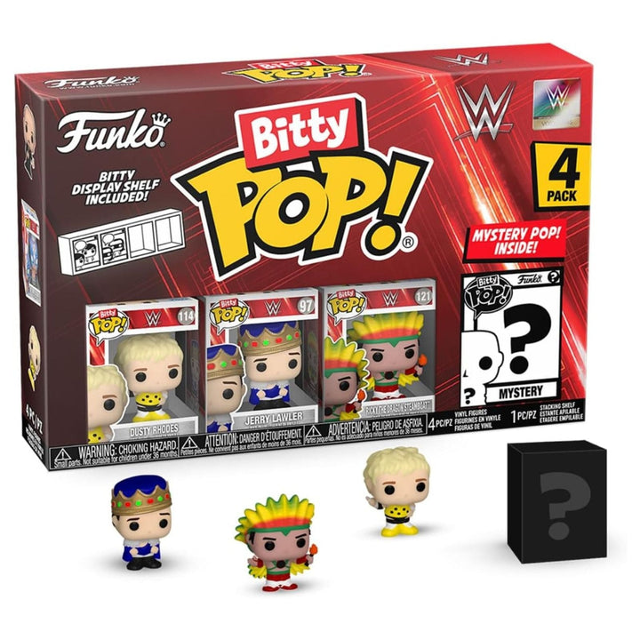 Funko Bitty Pop! WWE 4-pack with display stand and mystery figure included.