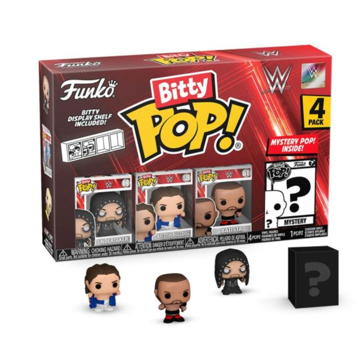 Funko Bitty Pop! WWE 4-pack with figures and packaging on a white background
