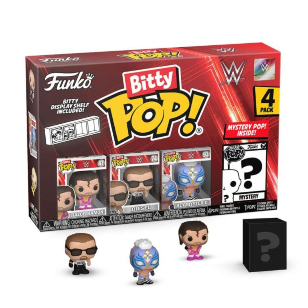 Funko Bitty Pop! WWE packaging with figures and mystery box on a white background