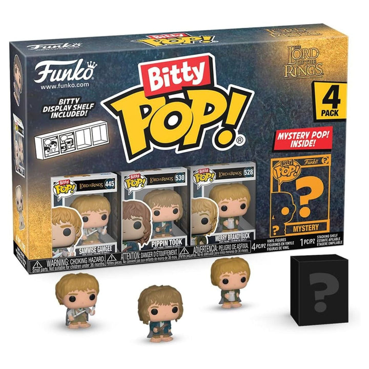 Funko Bitty Pop! packaging for The Lord of the Rings with four figures and a mystery figure included.