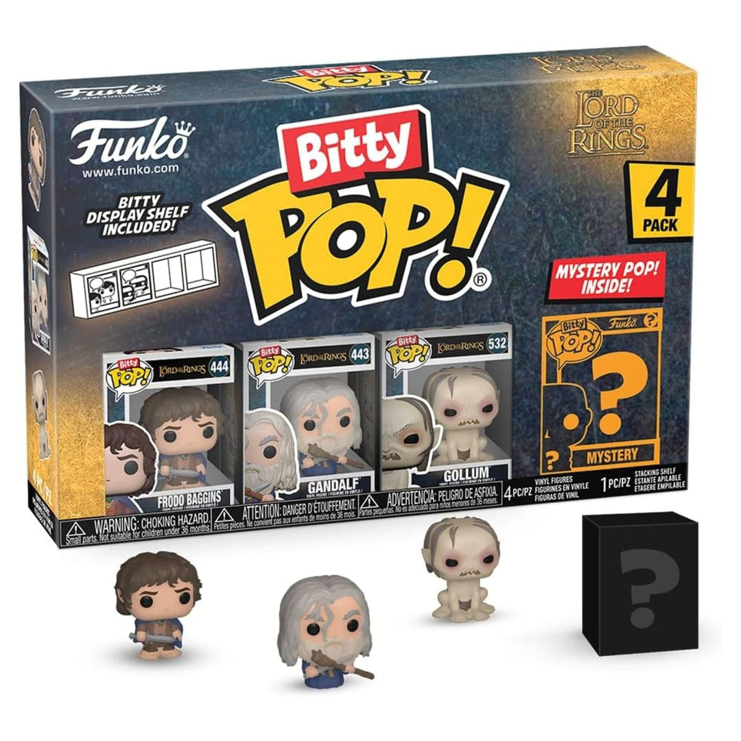 Funko Bitty Pop! Lord of the Rings figurine set packaging with figures displayed in front.