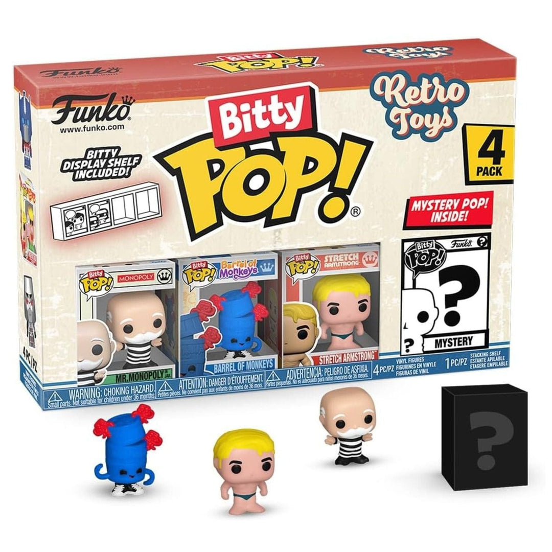 Funko Bitty Pop! Retro Toys 4-pack packaging with figures displayed in front.