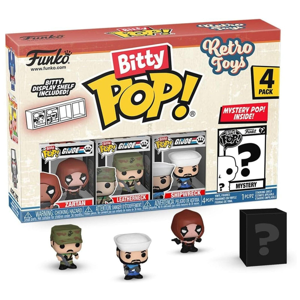 Funko Bitty Pop! Retro Toys 4-pack packaging with figures displayed in front.