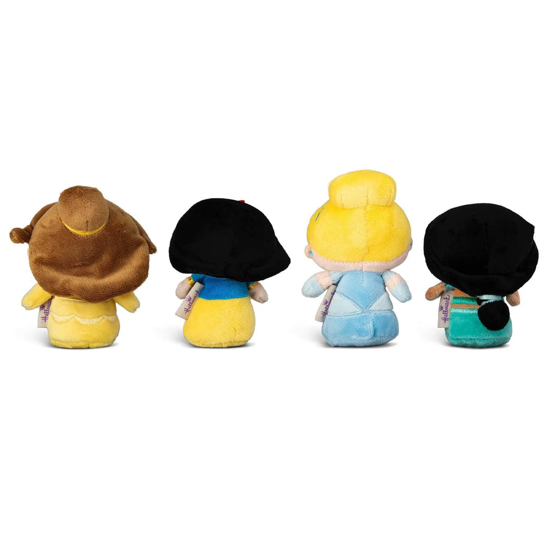 Back view of four Disney Princess collectible soft toy figures