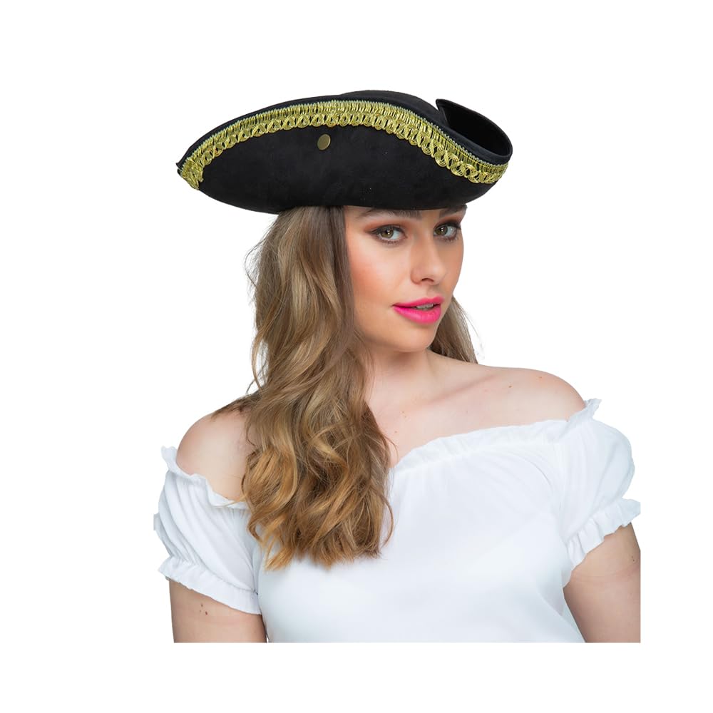 Woman wearing a black tricorn pirate hat  with gold trim