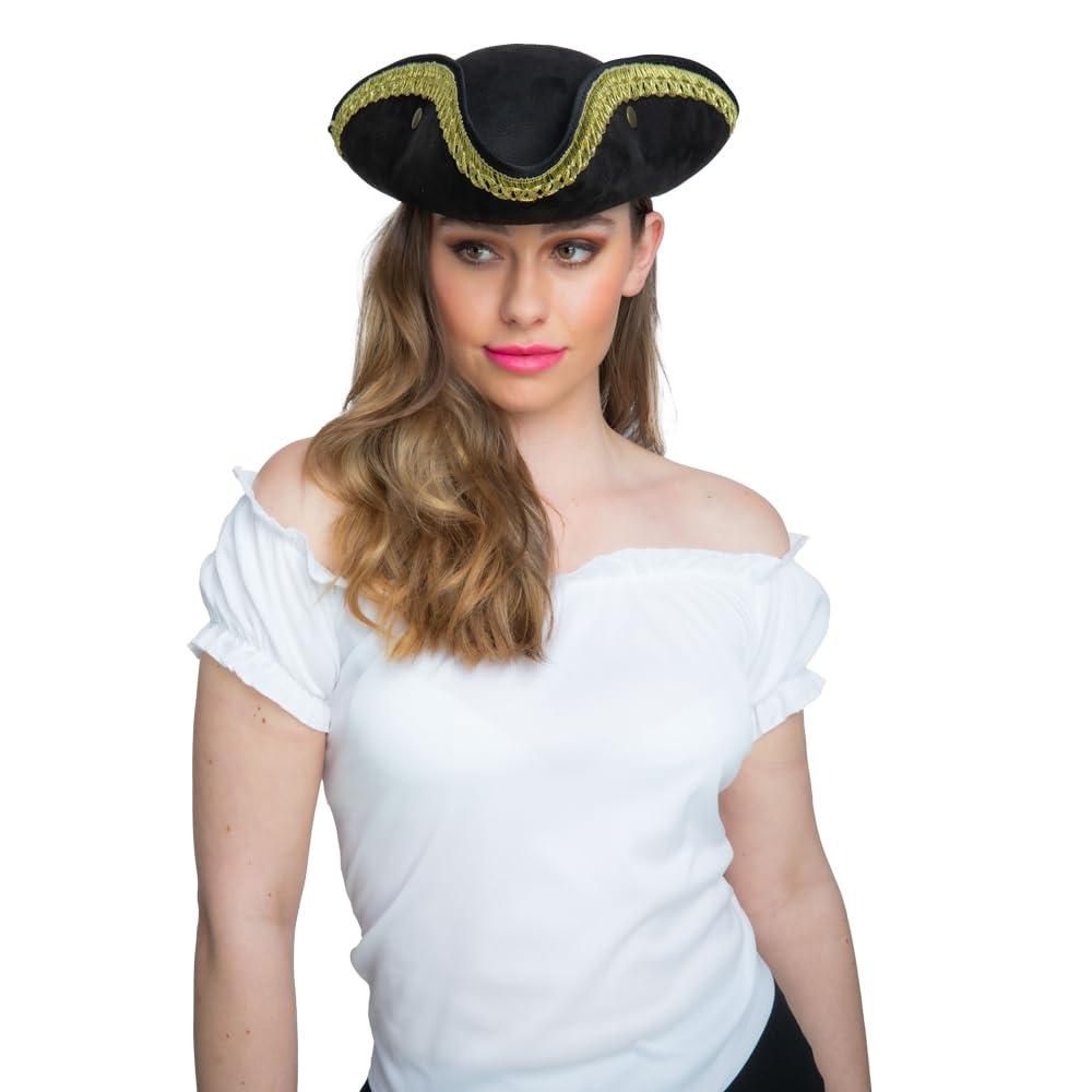 Woman wearing a white blouse and a black pirate hat with gold braid trim