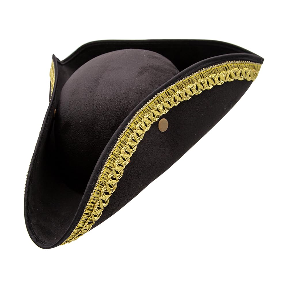 Black three cornered pirate hat with gold braid trim