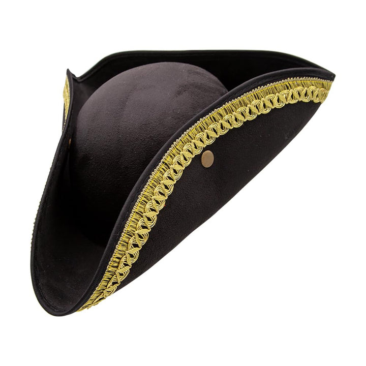 Black three cornered pirate hat with gold braid trim