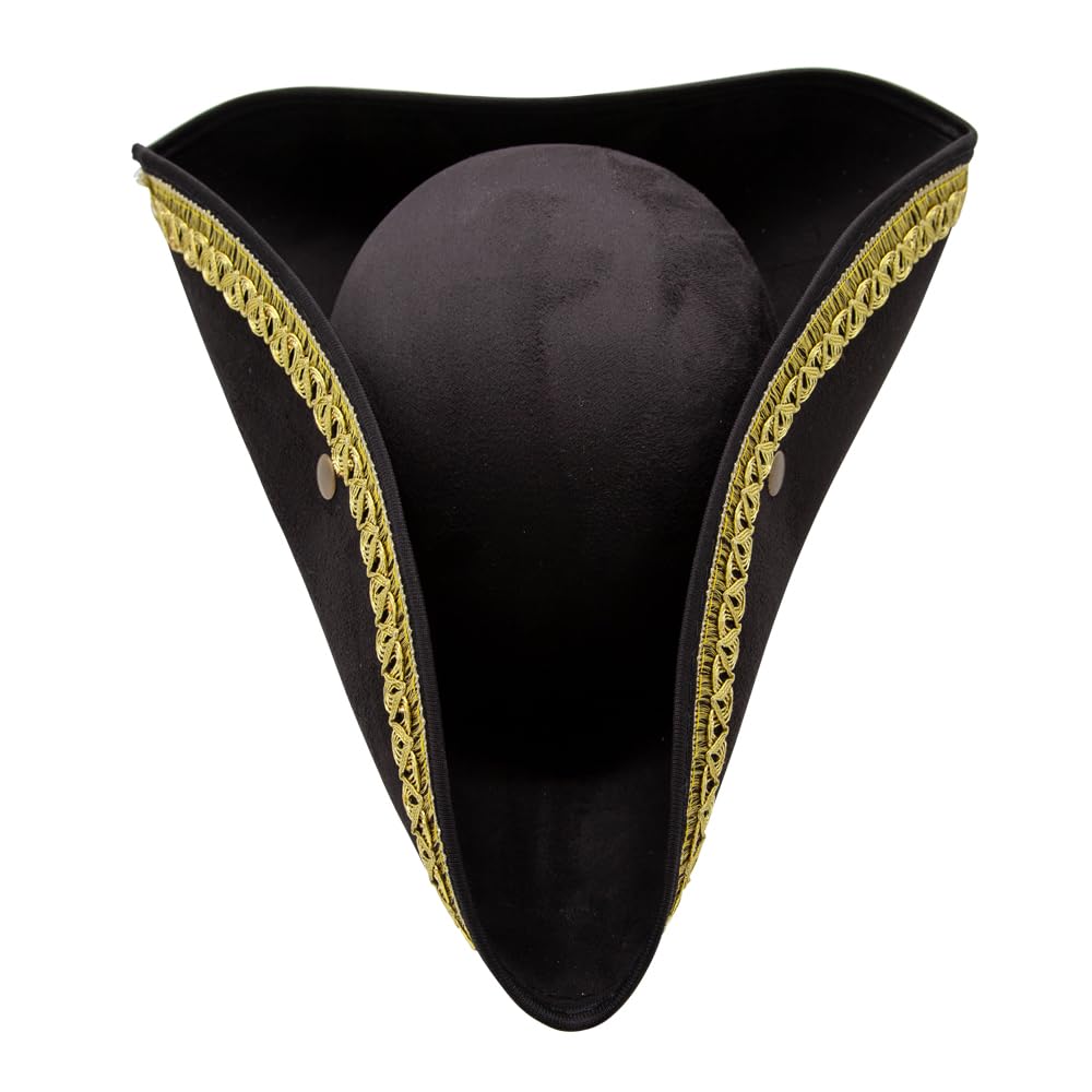 Top dow view of a black tricorn pirate hat with gold braid trim