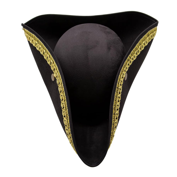 Top dow view of a black tricorn pirate hat with gold braid trim