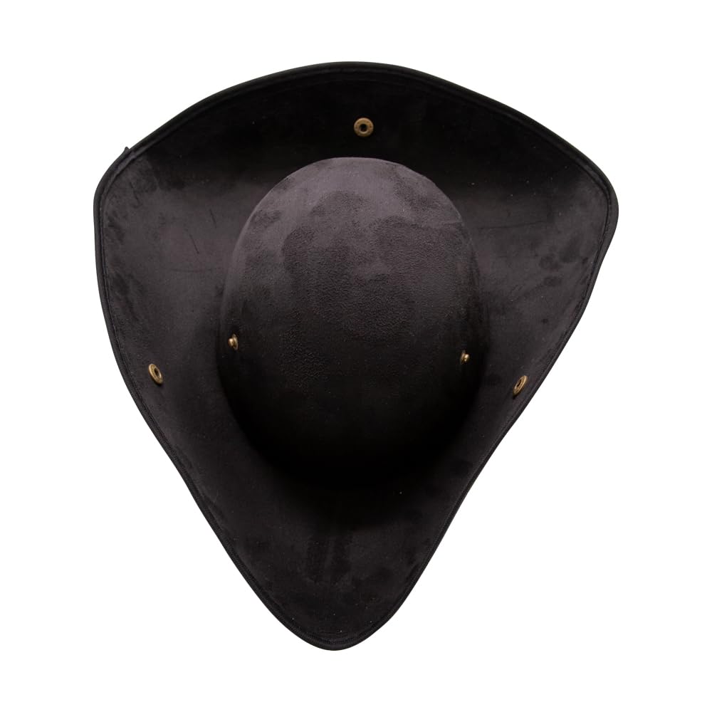 Top down view of a black pirate hat with brim popper fastenings undone