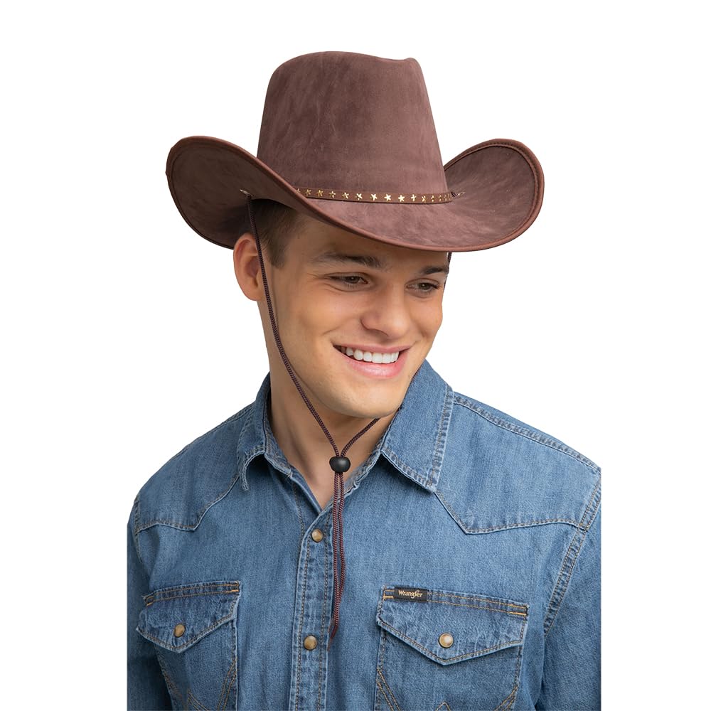 Man wearing a brown cowboy hat with stars and blue denim shirt on a white background