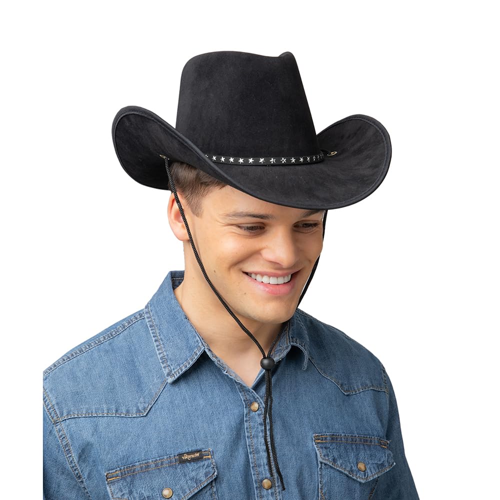 Man wearing a black cowboy hat with star hatband and blue denim shirt on a white background