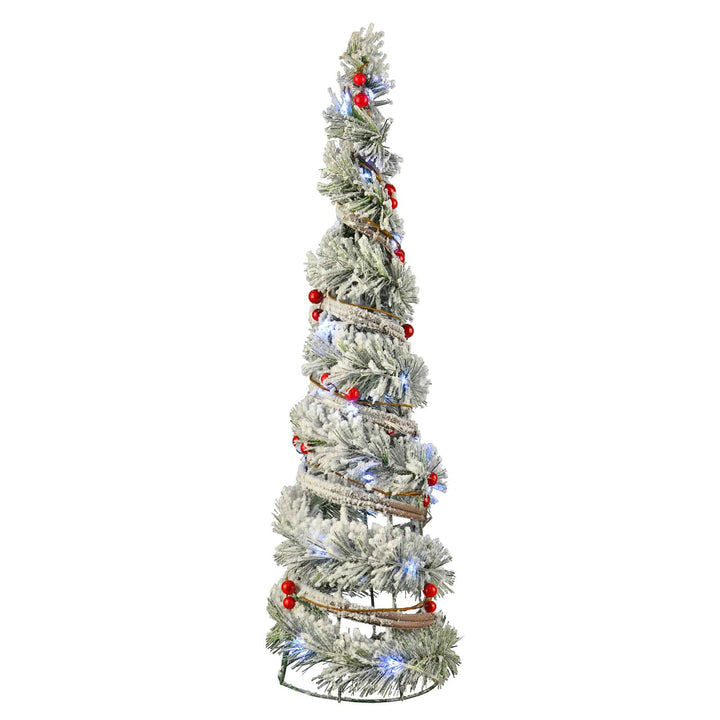 Cone shaped Christmas tree with frosted branches berries and white lights