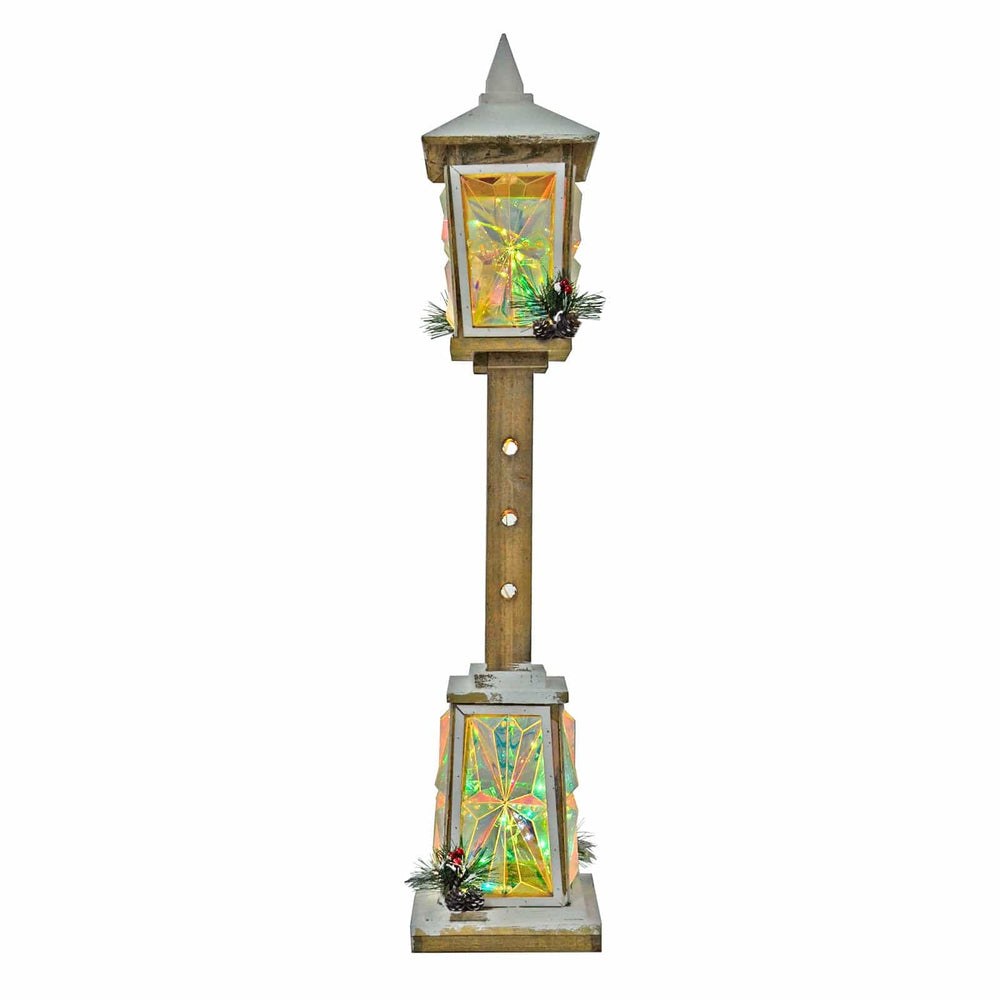 Light up Christmas lamp post decoration with fake snow and prism coloured glass