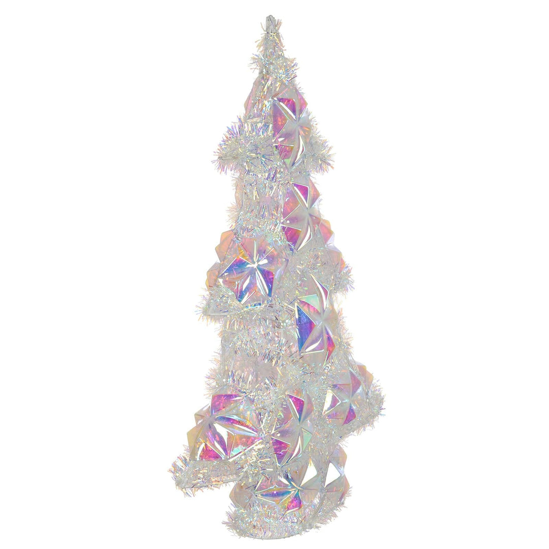 Side view of a multi coloured tinsel light up Christmas tree