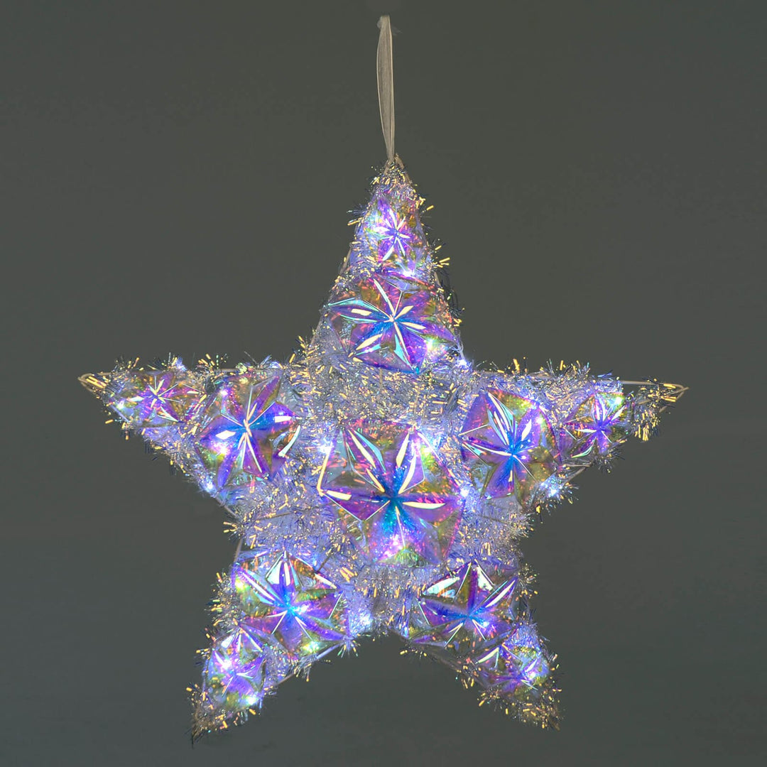 Iridescent Christmas star with LED lights and tinsel