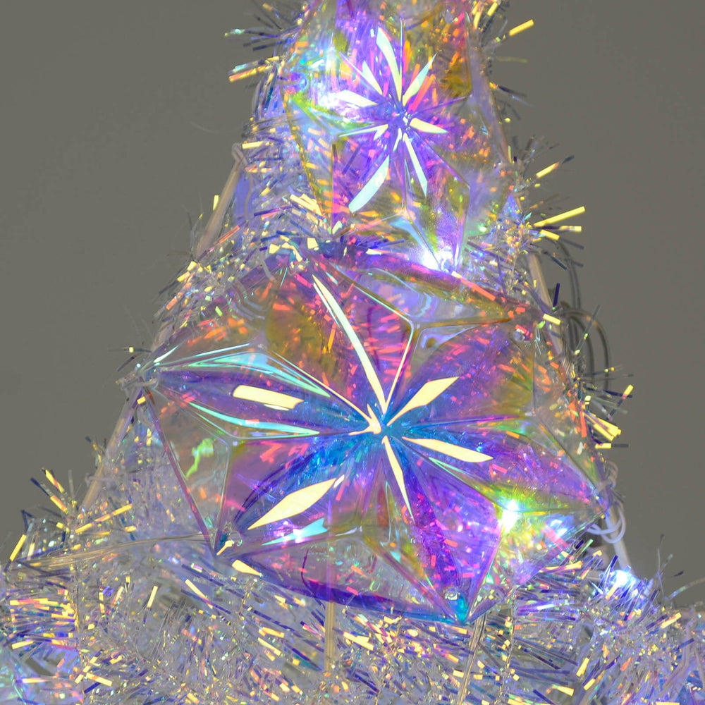 Top of a tinsel and iridescent panel Christmas star decoration with LEd lights
