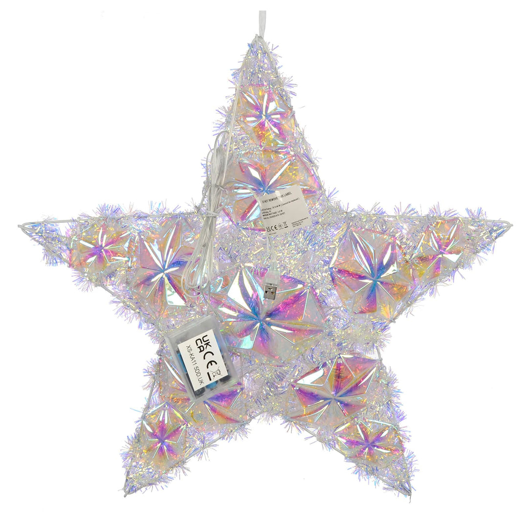 Back of a Christmas star decoration with Battery pack and USB cable