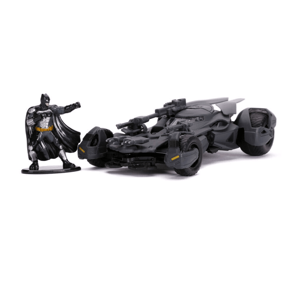 batman and batmobile die cast outside of packaging on white background