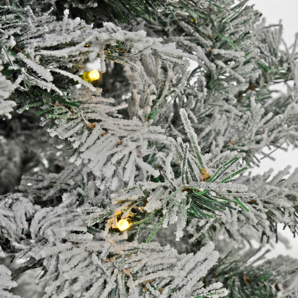 Close up of warm white LEd lights on a Frosted Christmas tree