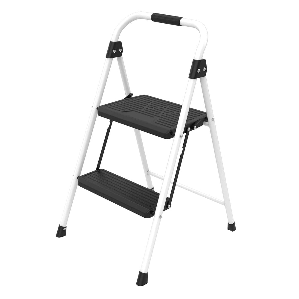 white steel two step ladder with handrail