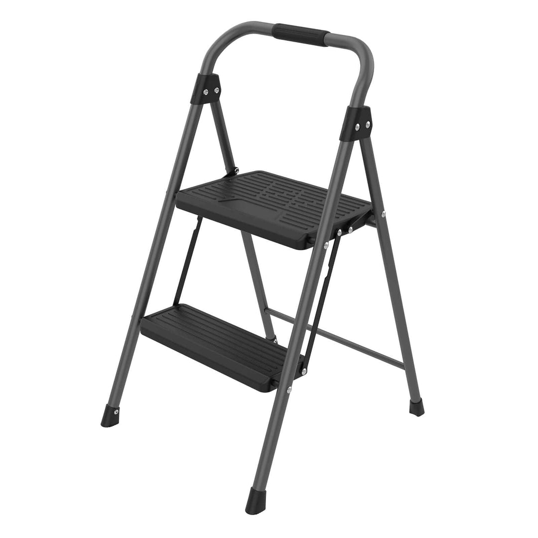 grey steel step ladder with black steps