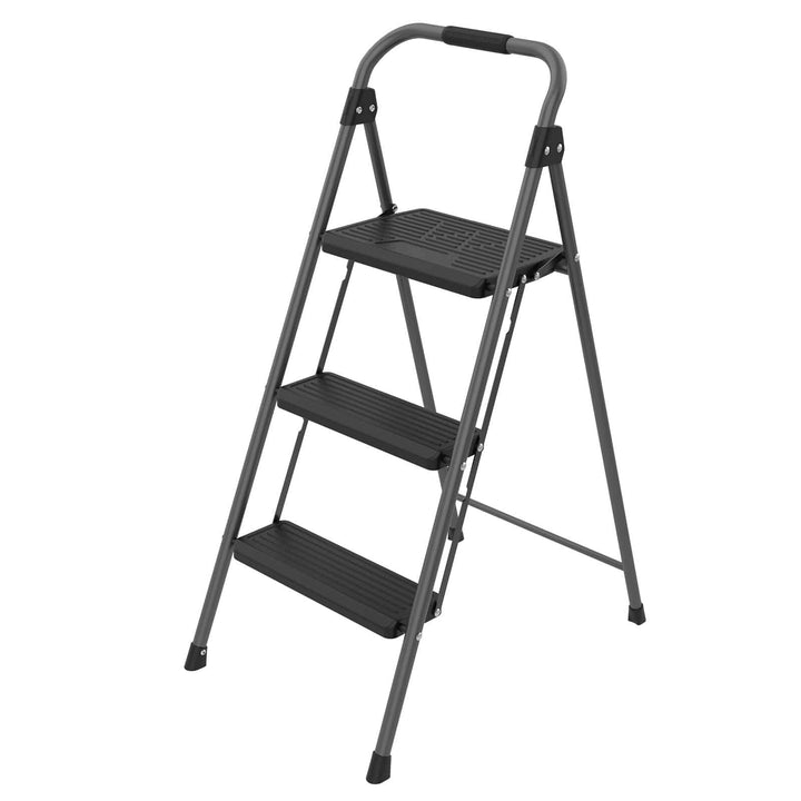 folding grey step ladder with 3 steps