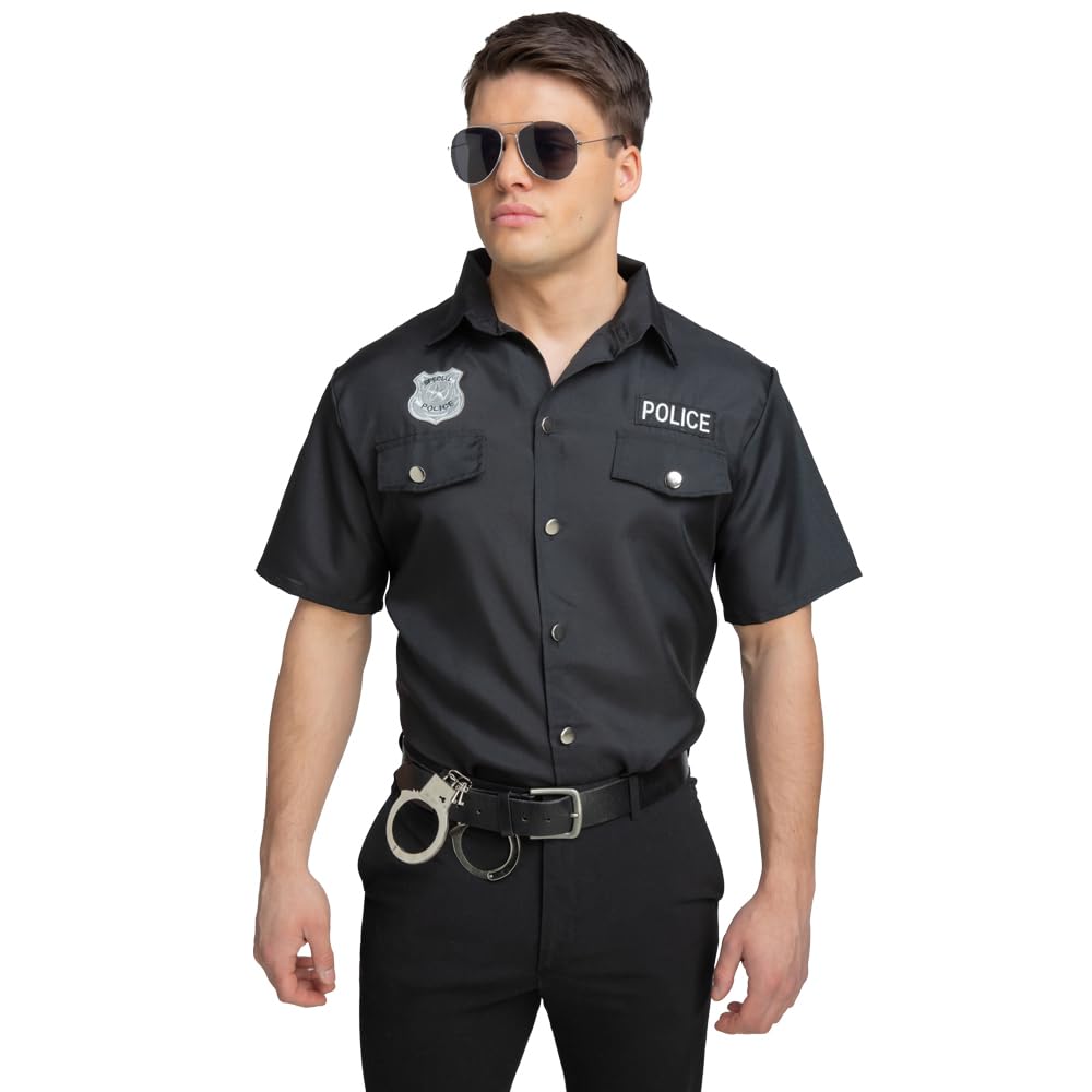 Person wearing a black police uniform with handcuffs on a white background