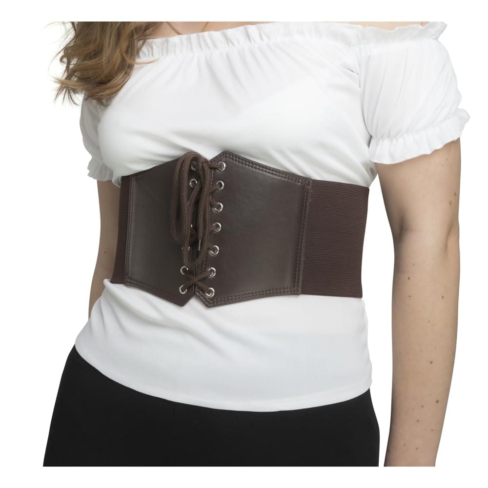 Close up of a brown faux leather corset belt with lace up front