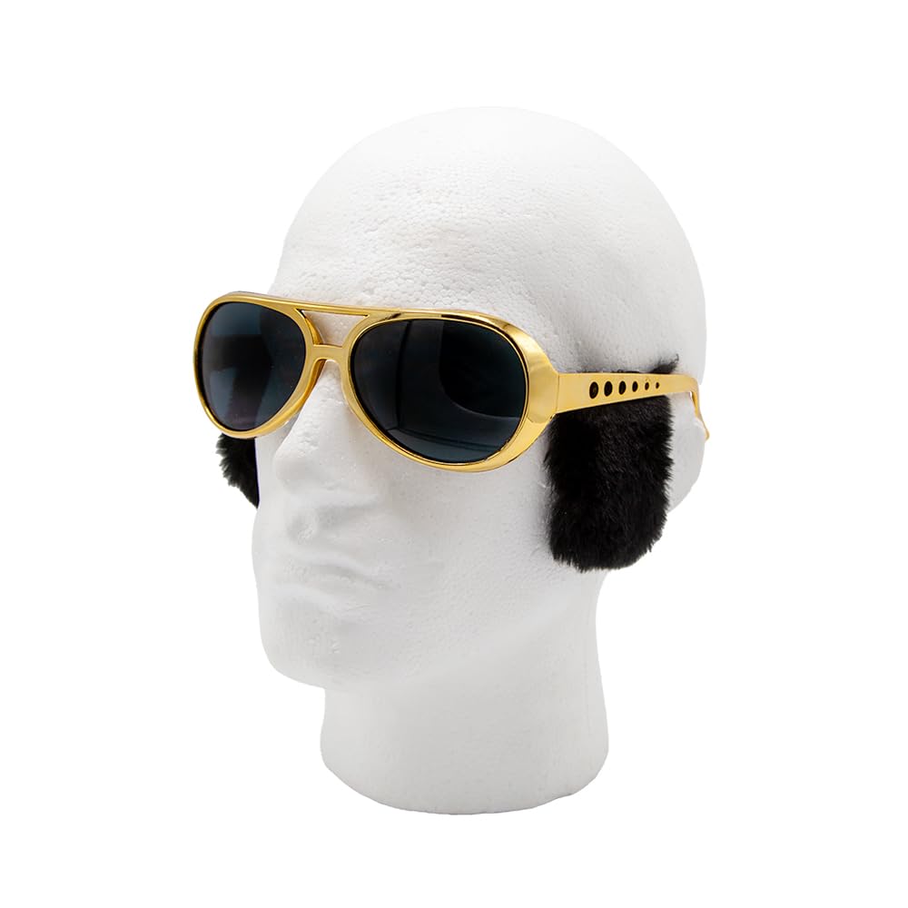 Gold-framed sunglasses with black lenses and sideburns on a mannequin head against a white background