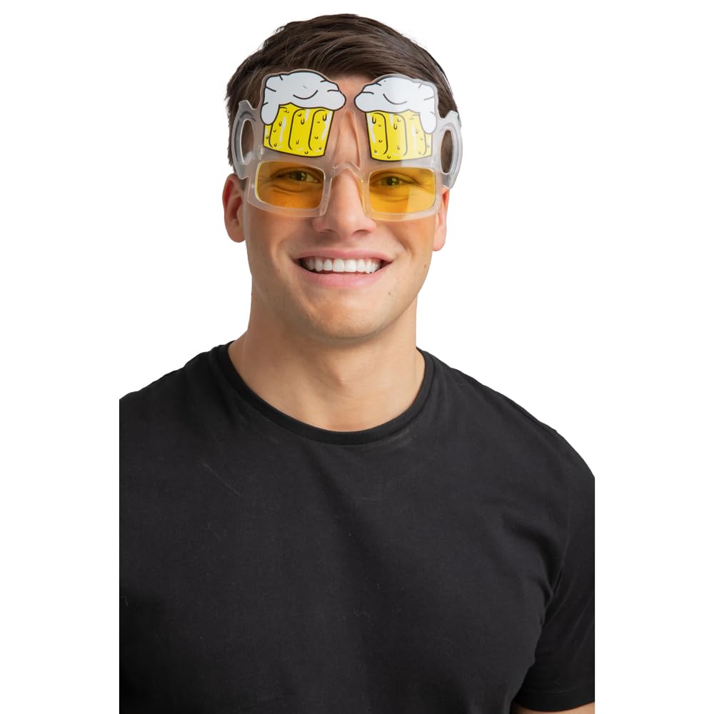 Person wearing novelty sunglasses with beer mug designs on a white background