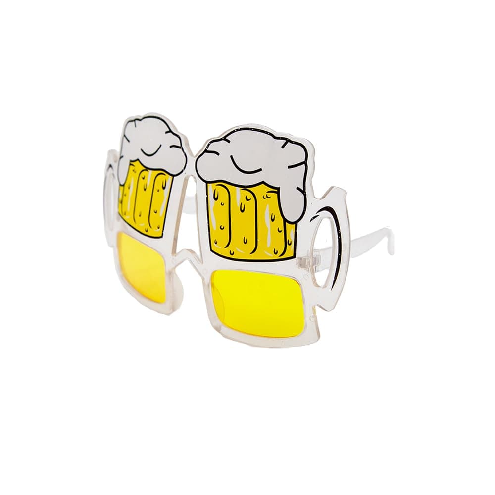 Sunglasses with beer mug designs and yellow tinted lenses on a white background