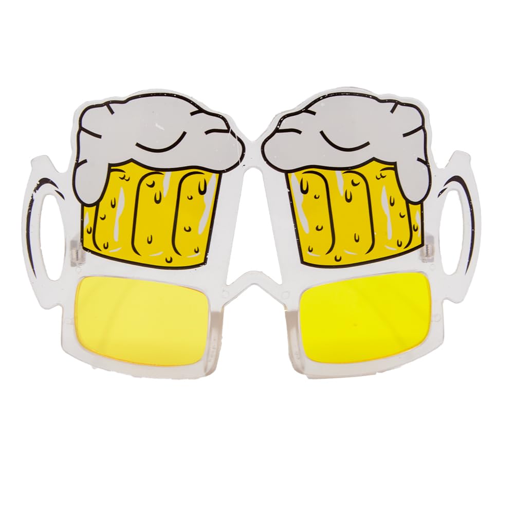 Novelty sunglasses with yellow tinted lenses, beer mug design on a white background