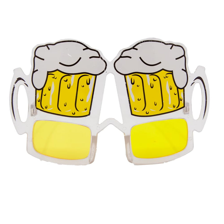 Novelty sunglasses with yellow tinted lenses, beer mug design on a white background