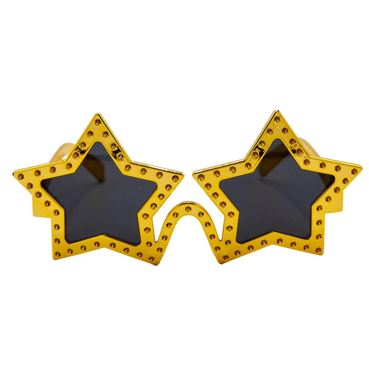 Sunglasses with gold star shaped frames, black tinted lenses and sparkling gold diamante