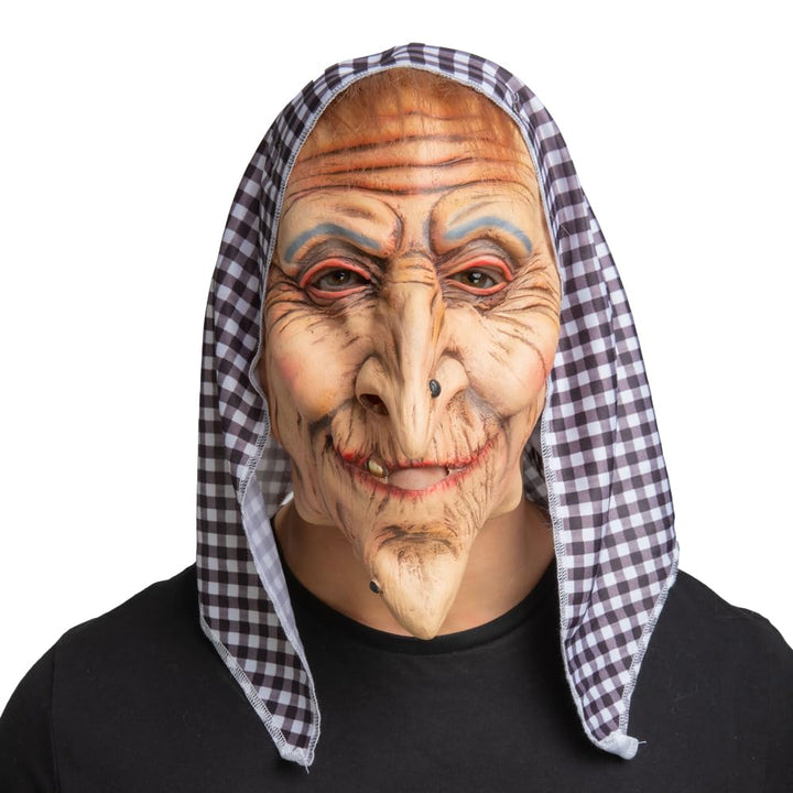 Adults Old Hag Latex Mask with Head Scarf Creepy Witch Fancy Dress