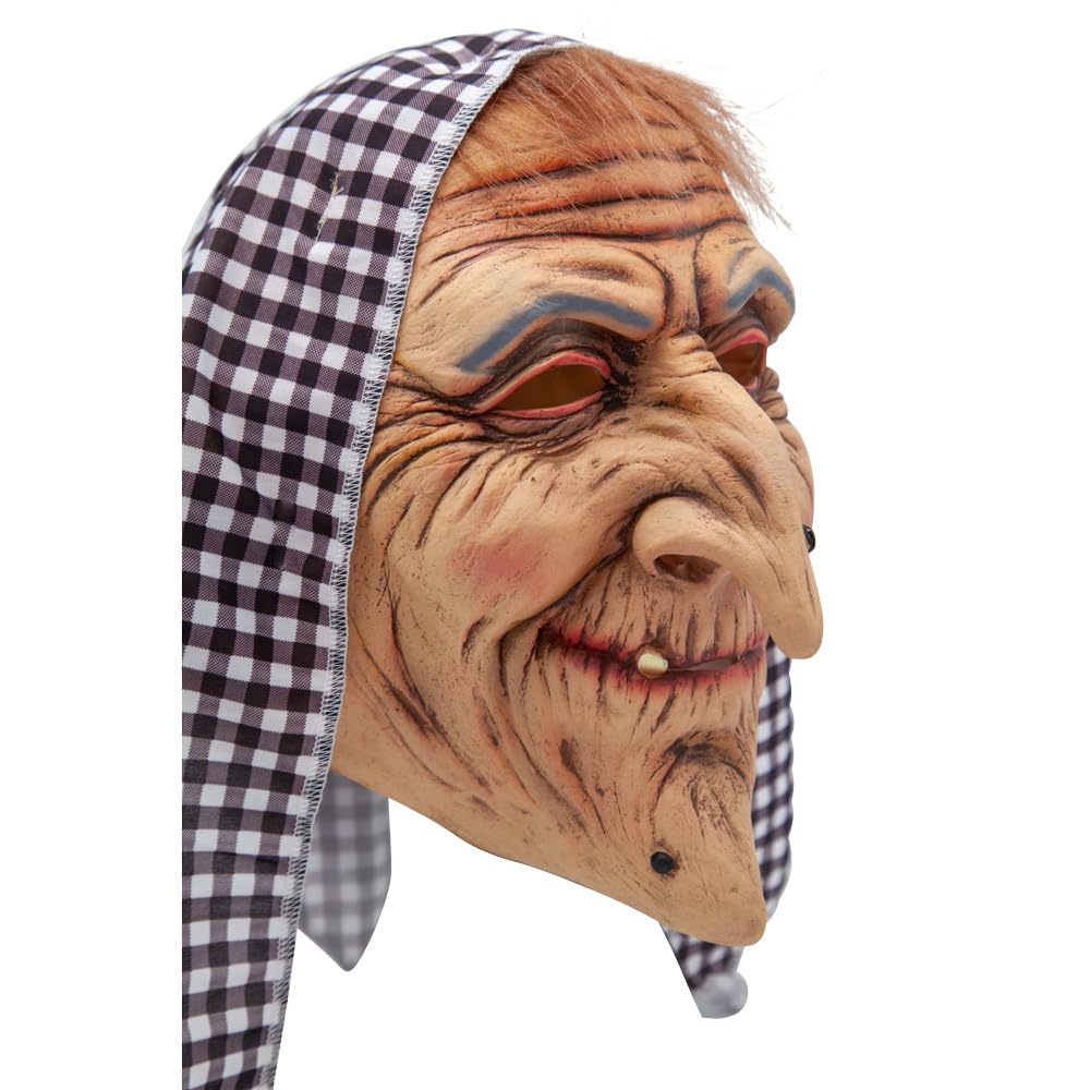 Adults Old Hag Latex Mask with Head Scarf Creepy Witch Fancy Dress