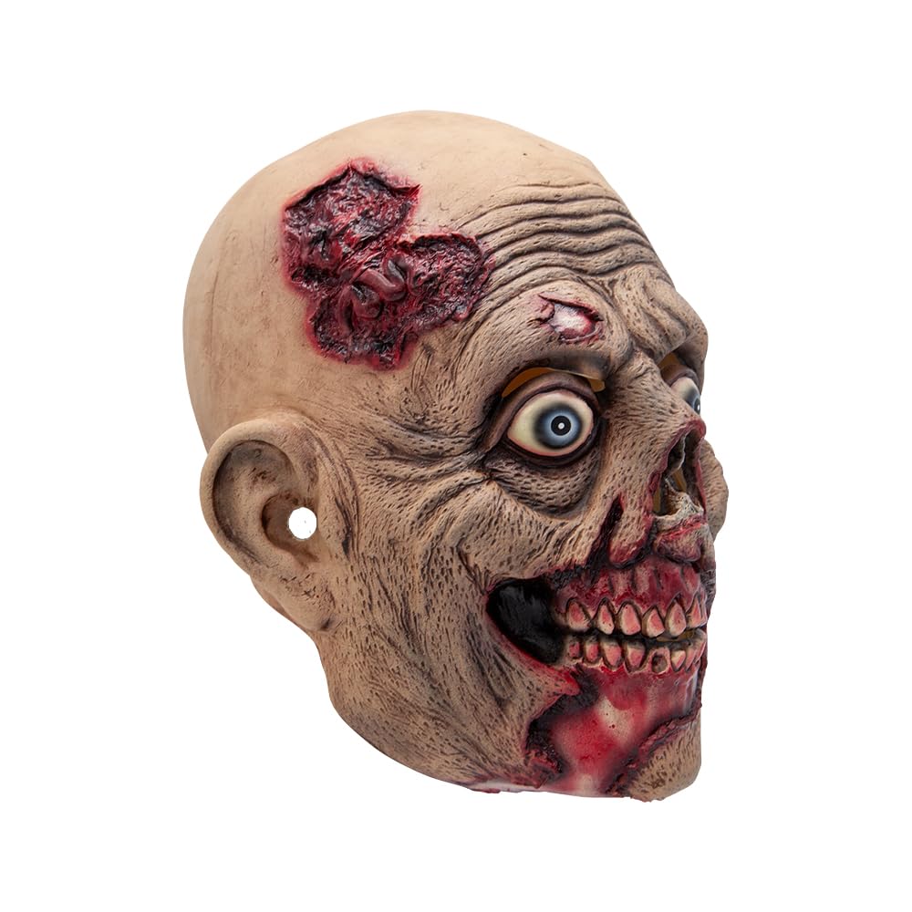 Side view of a wounded zombie mask with holes in the ears