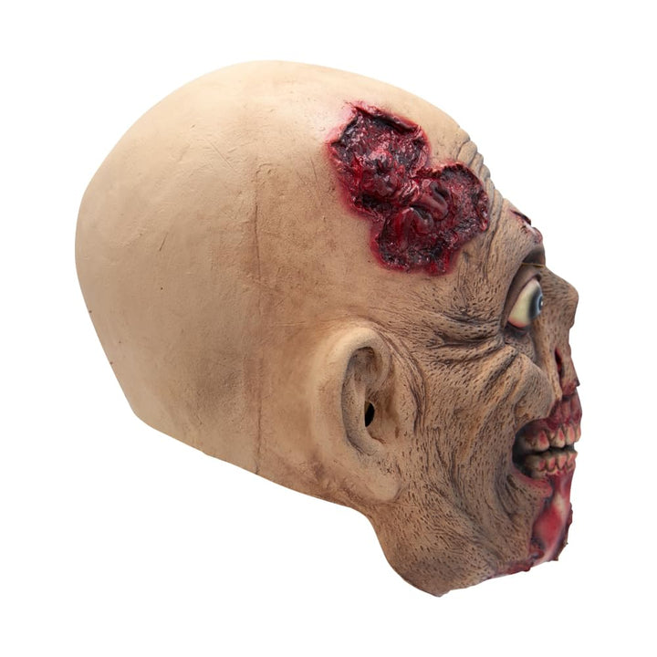 Large head wound on a bald head latex mask for Halloween