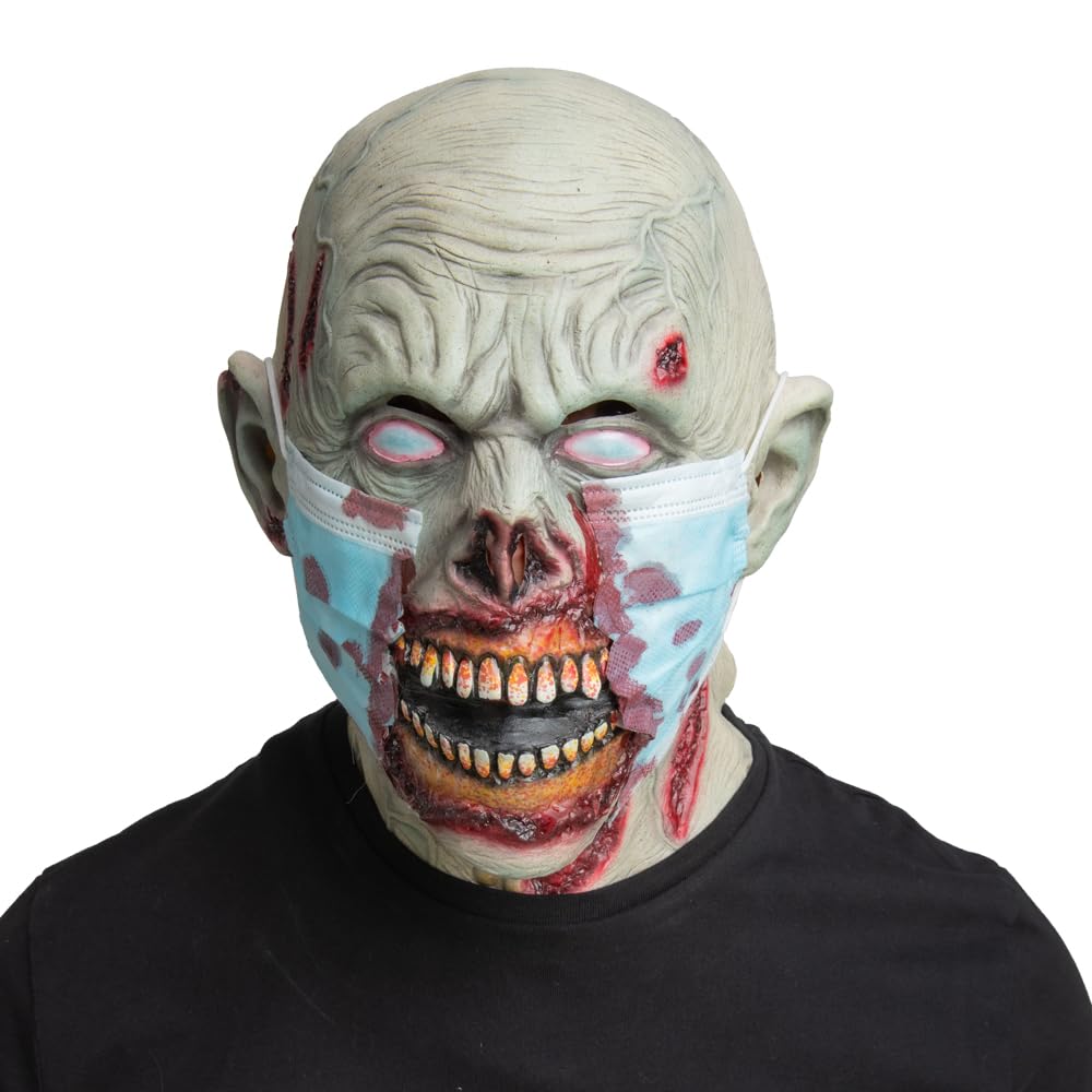 Person wearing a detailed viral outbreak zombie mask with black shirt