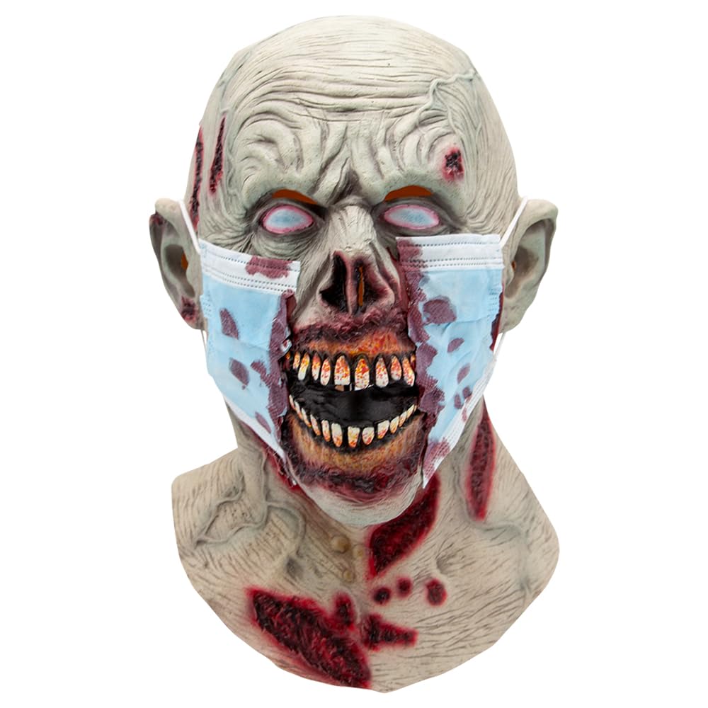 Zombie mask with a blue face mask over it on a white background