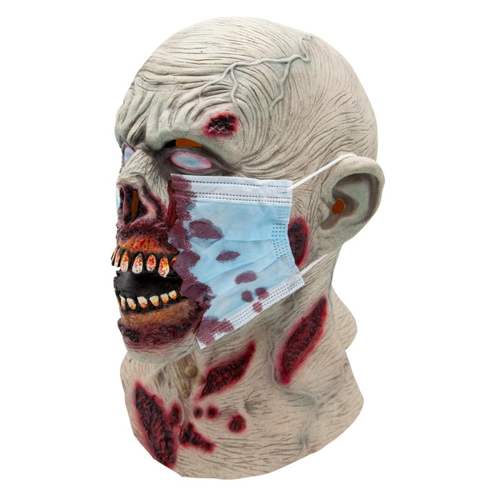 Zombie mask with a face mask over it and red wounds on the neck