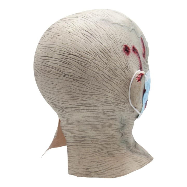 Back view of a zombie mask with blue surgical mask