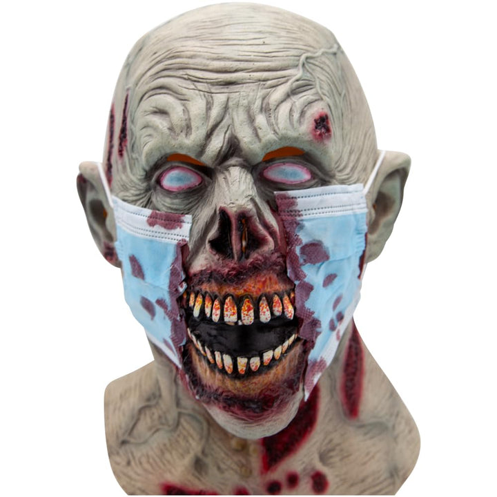 Close up of a horror outbreak zombie mask with ripped open blue surgical mask
